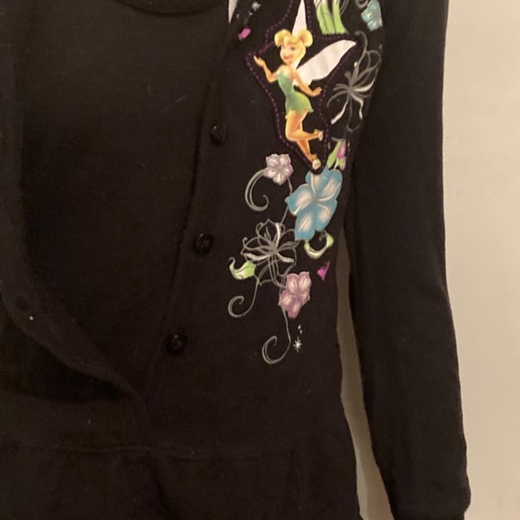 Disney Tinker Bell Black Button Hood Sweater Dress top Glitter 7 / 8 Girls - Picture 2 of 12